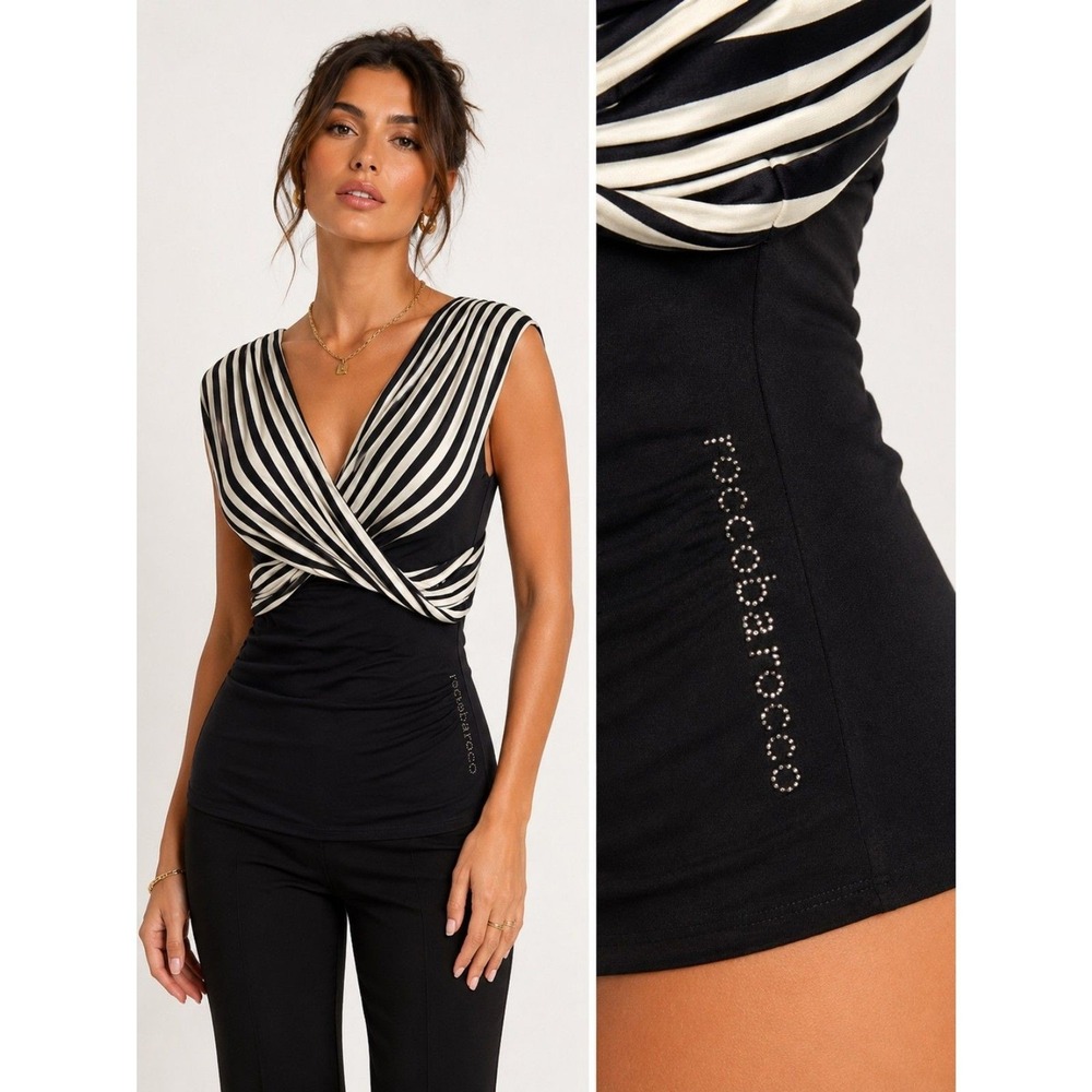 Roccobarocco Top Size 8 Black White Striped Wrap V-Neck Rhinestone Logo Italy